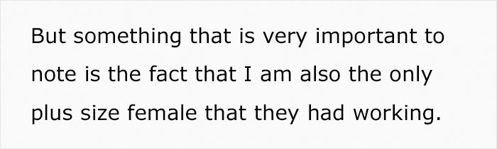 Plus-Size Woman Quits Job After Being Told To 'Cover Her Stomach' Despite All Of Her Petite Coworkers Wearing Similar Clothes Plus-Size Woman Quits Job After Being Told To 'Cover Her Stomach' Despite All Of Her Petite Coworkers Wearing Similar Clothes