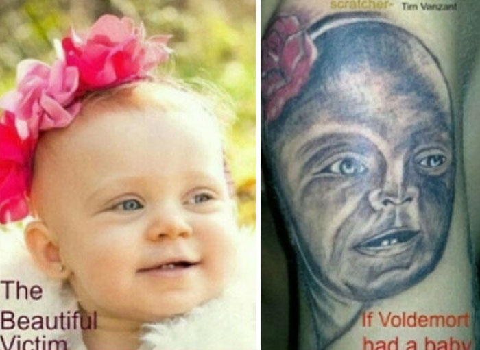 A failed tattoo attempt of a baby with pink flowers, misinterpreted as a strange face.