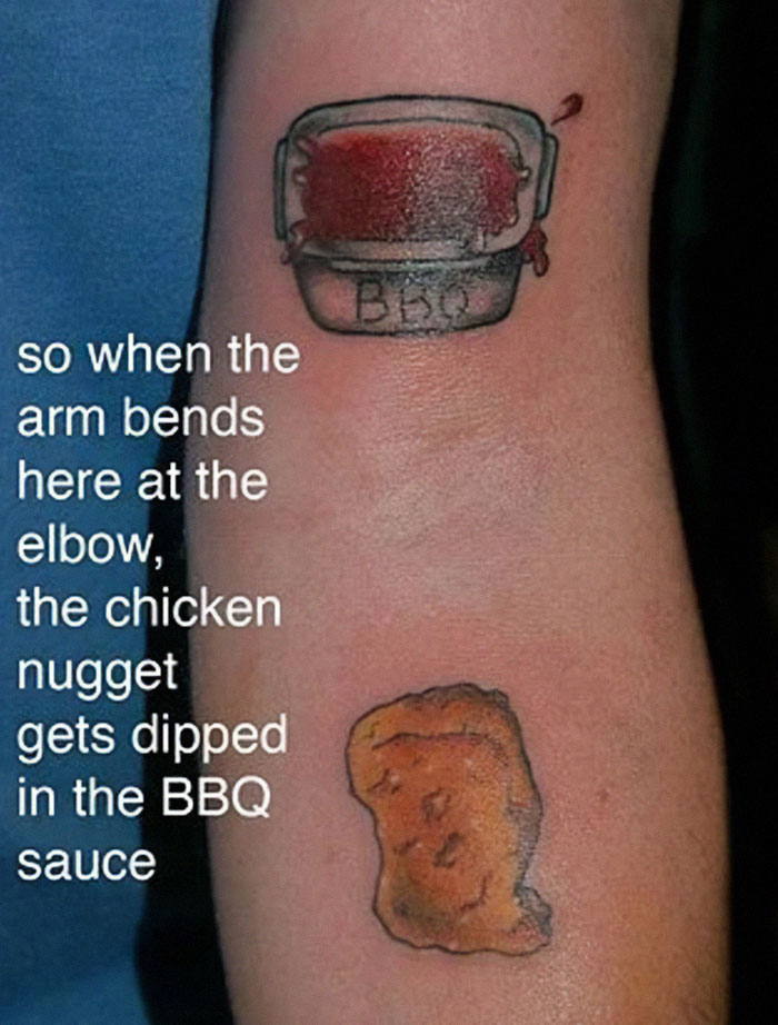 Tattoo fail showing a chicken nugget and BBQ sauce with humorous text about arm movement.