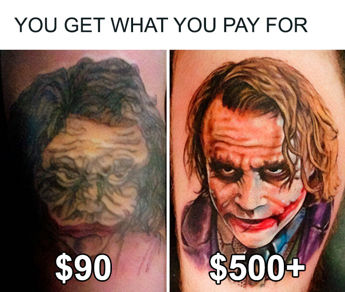Comparison of two Joker tattoos: a poor-quality $90 version and a detailed $500+ version, highlighting tattoo fails.