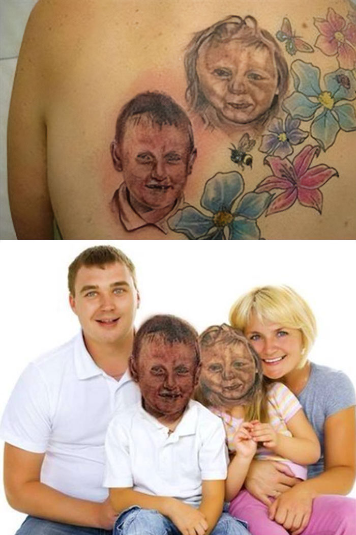 Bad tattoo of two children with flowers alongside a family portrait, exemplifying tattoo fails.