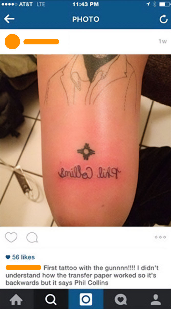 Backwards "Phil Collins" tattoo fail on forearm, with outline drawing above.