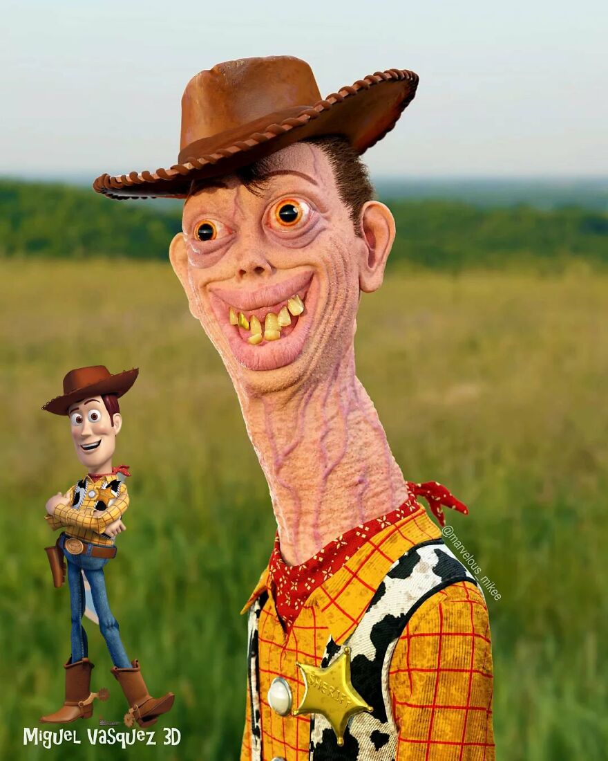 Unsettling digital version of a popular cartoon character in a realistic outdoor setting.