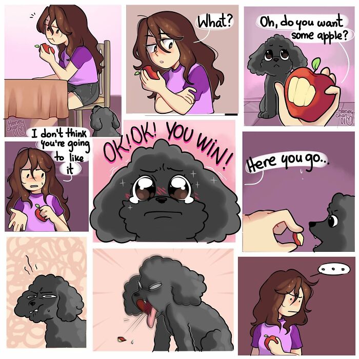 Surrealistic comic showing daily modern life struggles between a girl and her picky dog refusing to eat an apple.