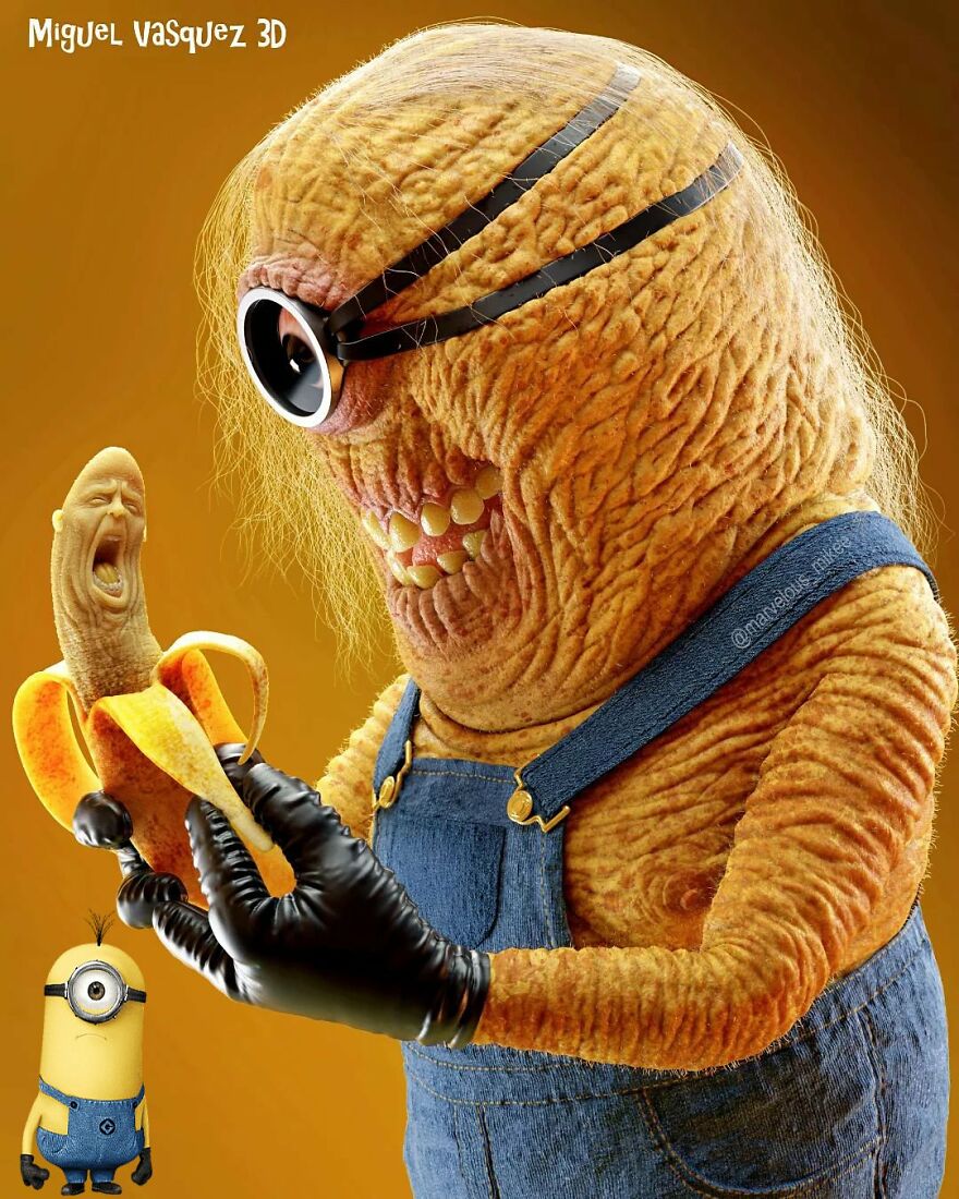 Unsettling digital version of a popular cartoon character holding a banana, with exaggerated features and texture.