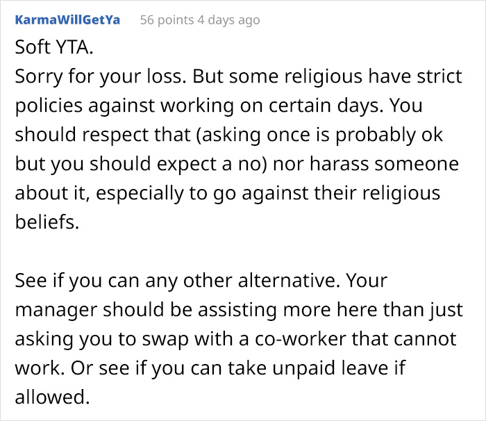 Woman's Sister Dies Unexpectedly, She Asks For A Day Off Work, But Coworker Says No Because Of Her Religious Beliefs - 13