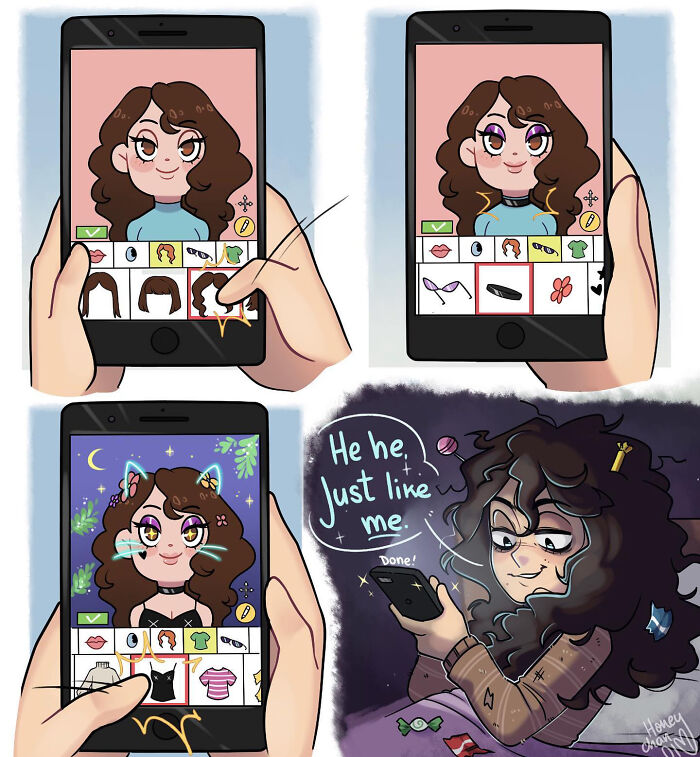 Person creating surrealistic comic avatar on phone mimicking their own modern life struggles in a humorous style.