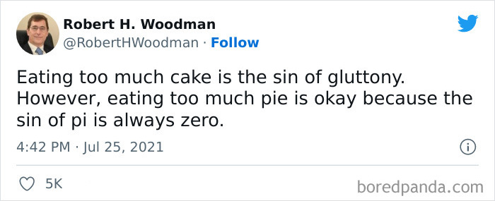 Tweet by Robert H. Woodman sharing a funny science joke about the sin of gluttony and the sin of pi.