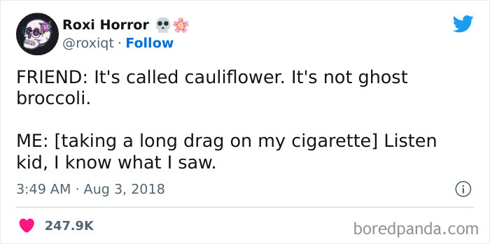 Tweet humorously referencing cauliflower as "ghost broccoli."