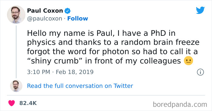 Tweet about forgetting the word for "photon" and humorously calling it a "shiny crumb."