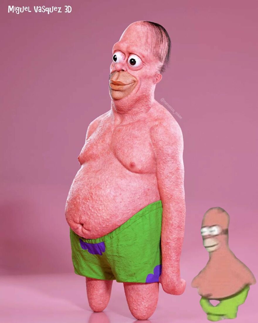 Unsettling digital version of a cartoon character by Miguel Vasquez, featuring exaggerated features and bright green shorts.