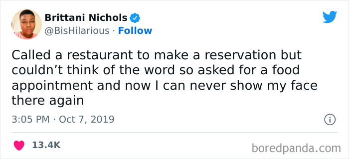Tweet about forgetting the word "reservation," asking for a "food appointment" instead, with humorous context.