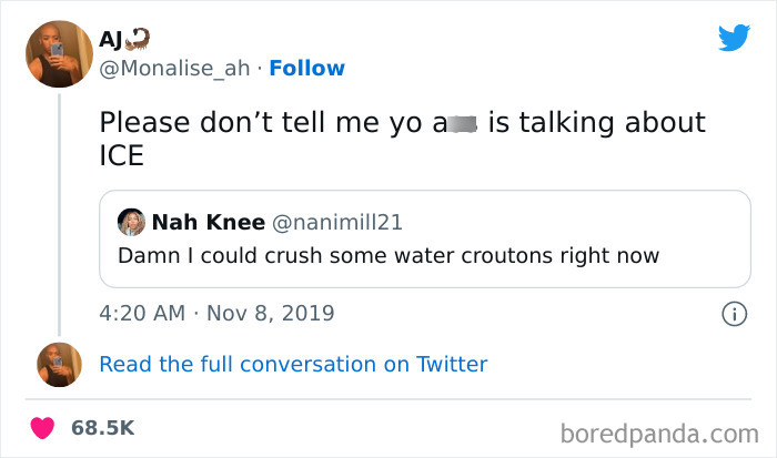 Tweet exchange about ice humorously referred to as "water croutons," showcasing a creative alternative name.