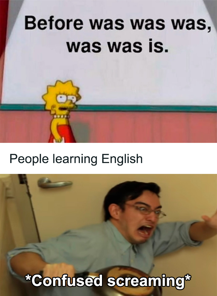 Meme showing a confusing English phrase with a person screaming, illustrating funny science jokes and memes humor.