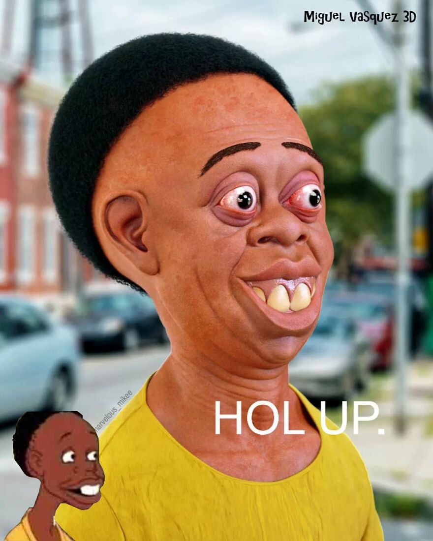 Unsettling digital art of a popular cartoon character by Miguel Vasquez, featuring exaggerated features.