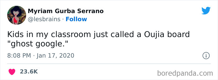 Tweet about kids calling a Ouija board "ghost google," showcasing humorous alternative names.