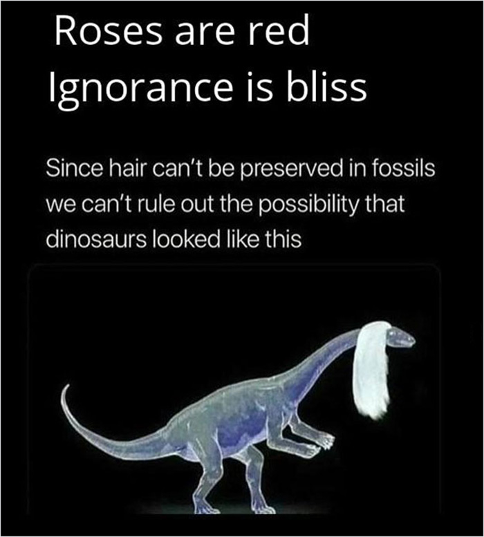 Dinosaur with white hair meme humor highlighting funny science jokes about fossils and ignorance in a playful way.