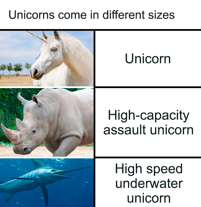 Funny science joke meme comparing a unicorn, a rhinoceros, and a swordfish as different-sized unicorns.