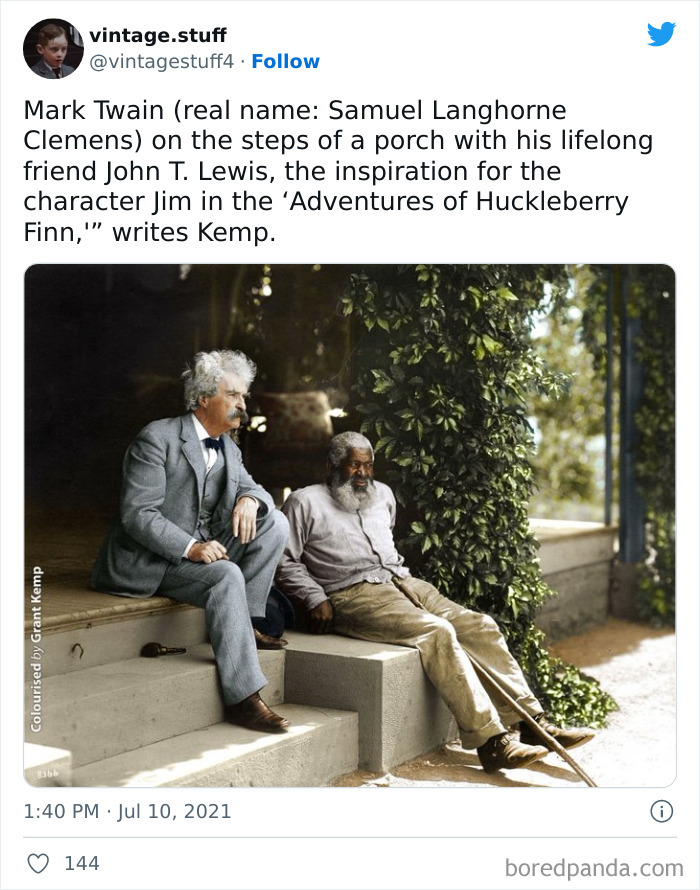 Mark Twain sitting on porch steps talking with lifelong friend John T Lewis in a colorized photo that makes history stunning.