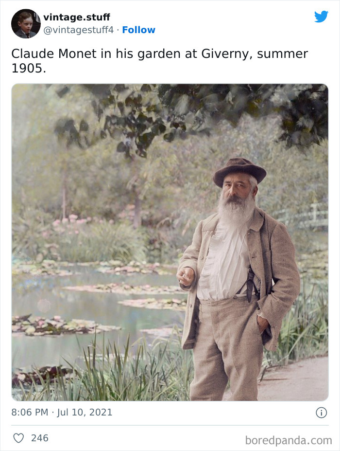 Colorized photo of Claude Monet standing by a pond in his garden at Giverny, showcasing stunning historical imagery.