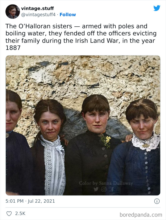 Colorized photo of the O’Halloran sisters during the Irish Land War, showcasing stunning historical moments in vivid detail.