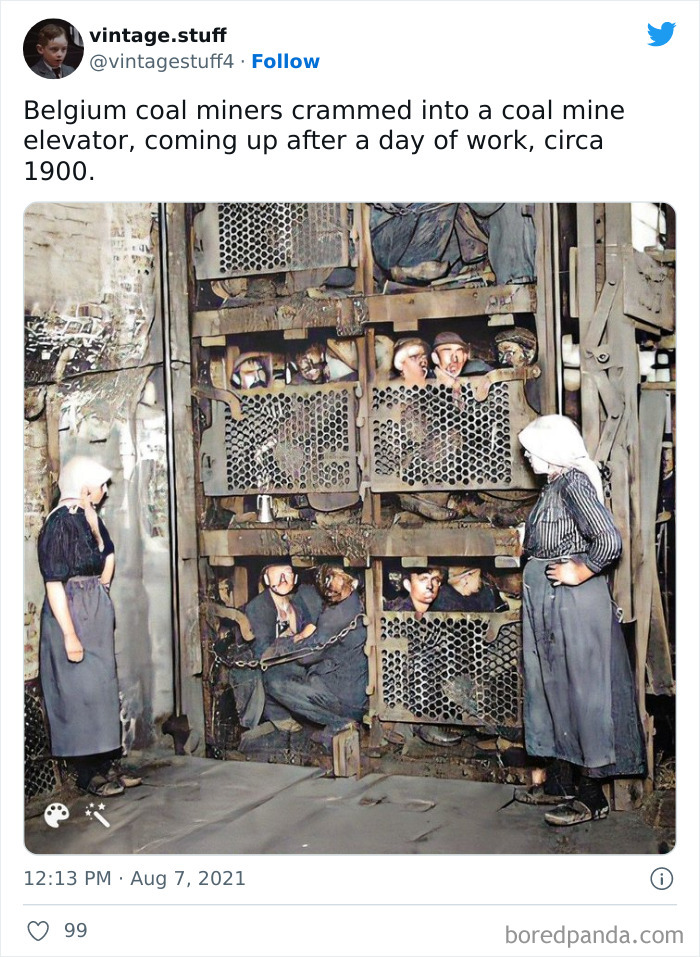 Colorized photo of Belgium coal miners in a mine elevator after a day’s work circa 1900, showcasing historic mining life.