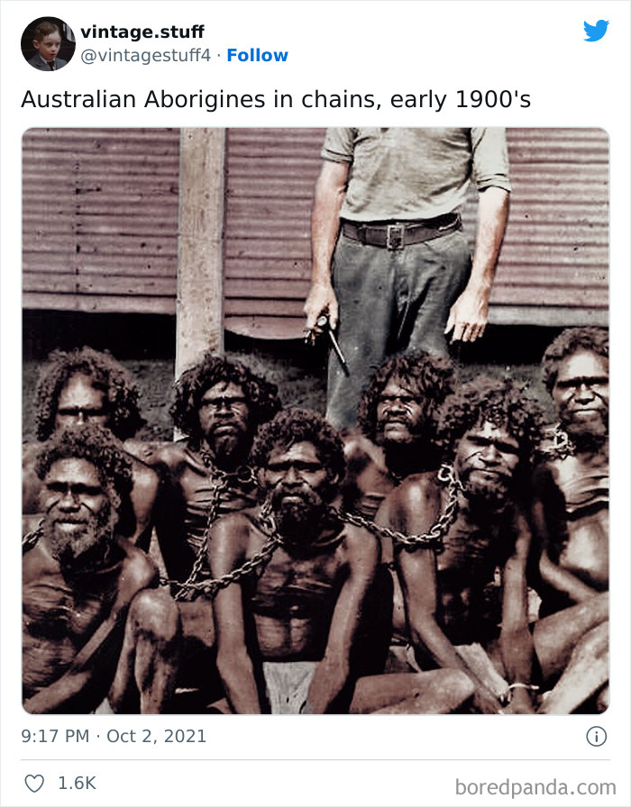 Colorized photo of Australian Aborigines in chains from early 1900s, showcasing powerful historical moments through stunning visuals.