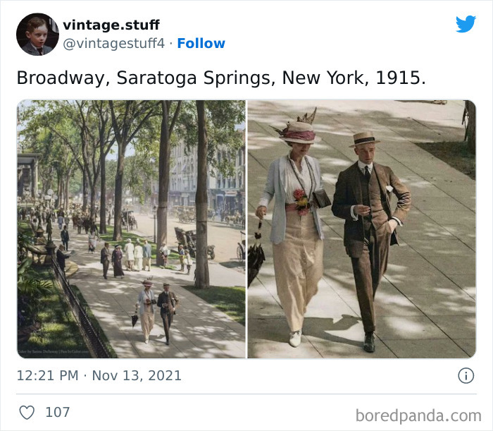Colorized photos of Broadway in Saratoga Springs, New York, 1915, showing people walking and vintage street scenes.
