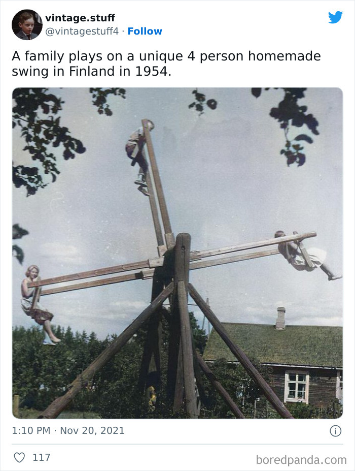 Family playing on a unique homemade four-person swing in Finland in 1954, colorized historical photo showcasing vintage outdoor fun.
