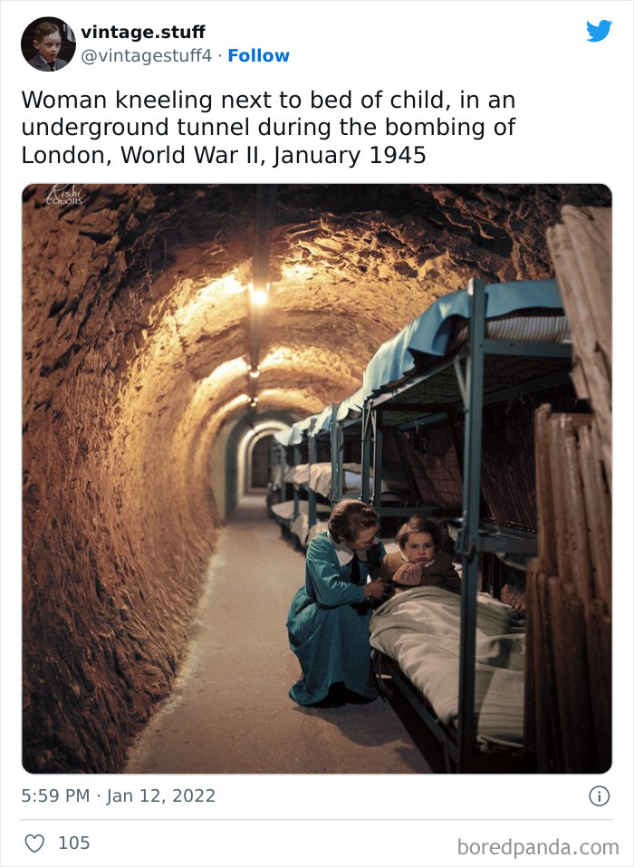 Woman kneeling by child’s bed in underground tunnel during WWII bombing, a colorized photo showing history in stunning detail.