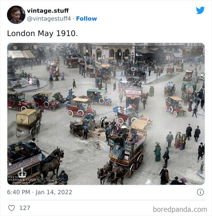 Colorized photos of busy London street in May 1910 with vintage cars, horse-drawn carriages, and people in period clothing.