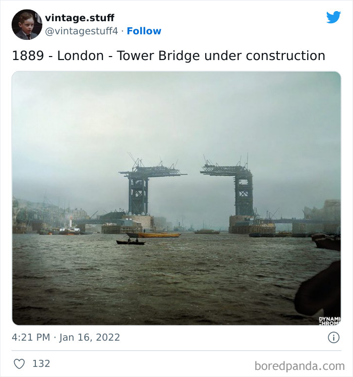 Colorized photo of Tower Bridge under construction in London in 1889, showcasing stunning historical architecture.