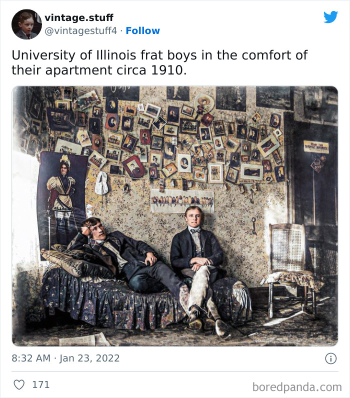 University of Illinois frat boys relaxing in a colorized photo from circa 1910 showcasing stunning historic moments.