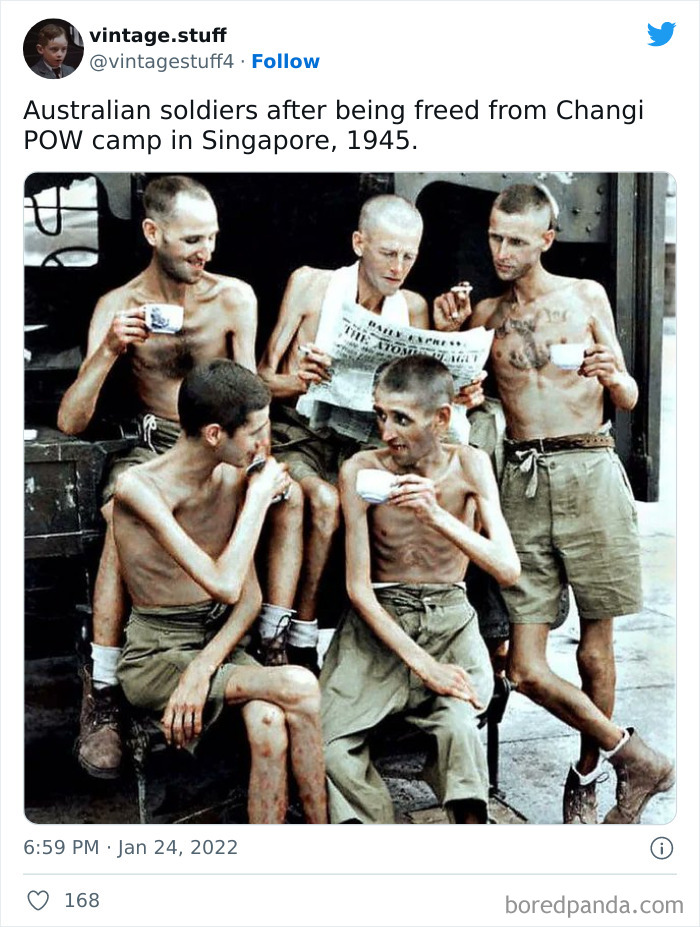 Colorized photo of Australian soldiers freed from Changi POW camp in 1945, showing history in a stunning way.