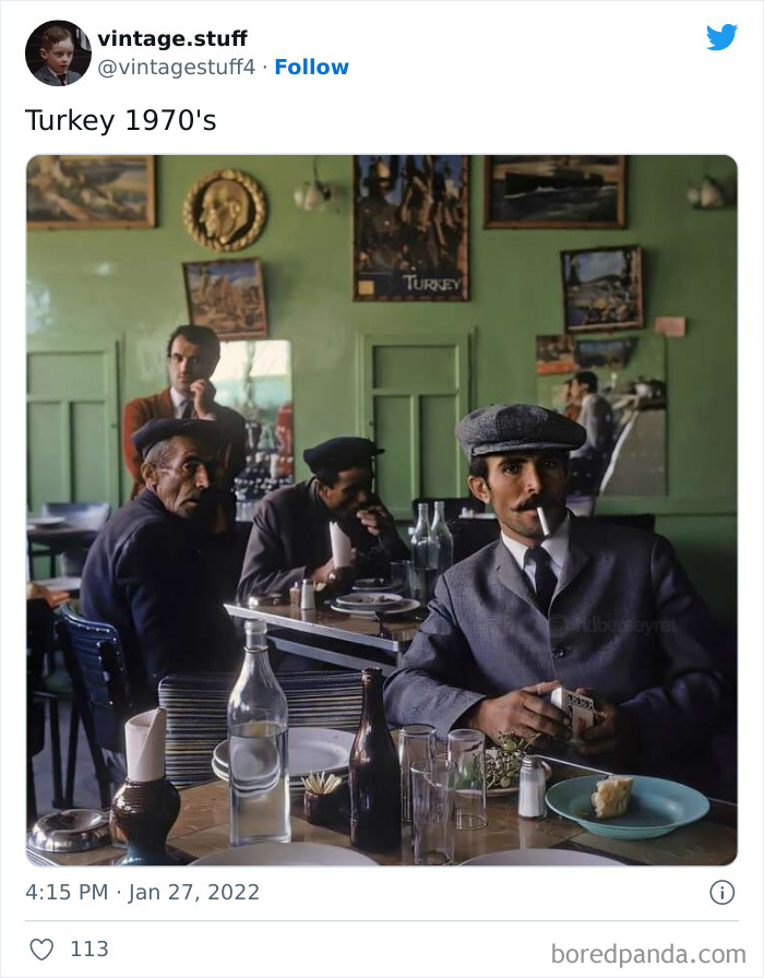 Colorized photo from 1970s Turkey showing men in a cafe, highlighting historical moments made stunning by colorized photos.