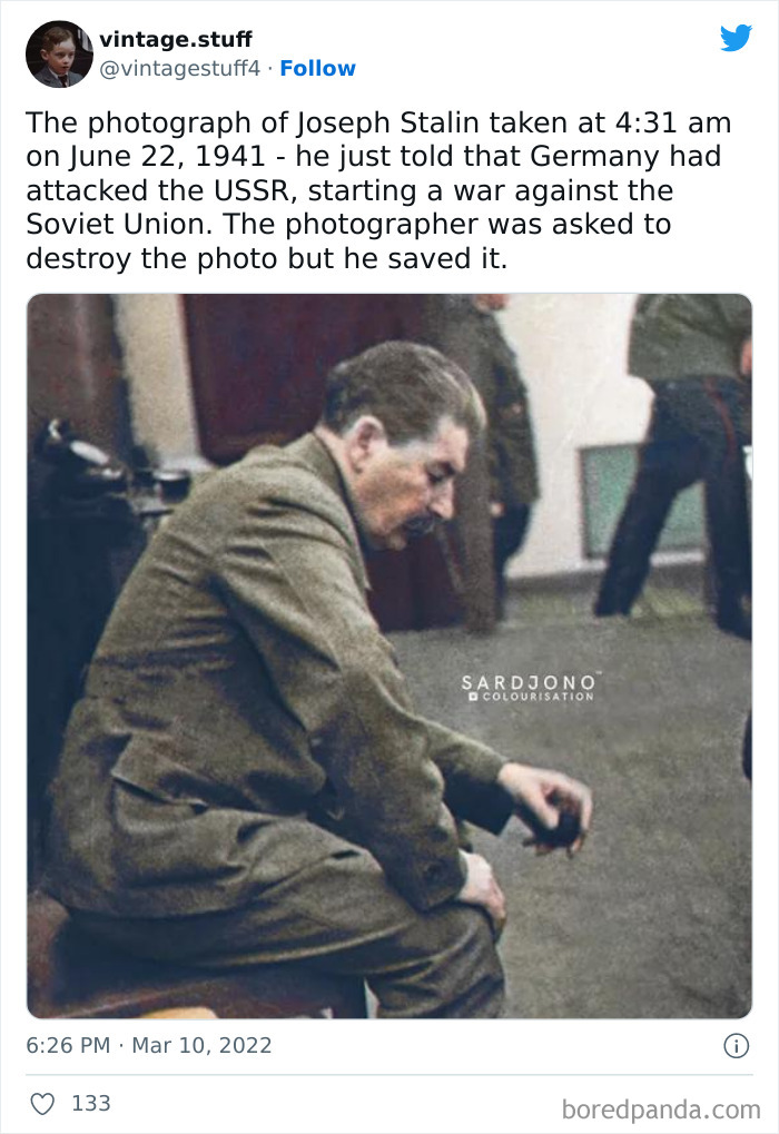 Colorized photo of Joseph Stalin sitting thoughtfully after learning about Germany attacking the USSR in 1941.