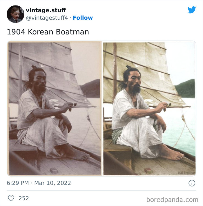 1904 Korean boatman sitting on wooden boat colorized photo from history showcasing stunning details.