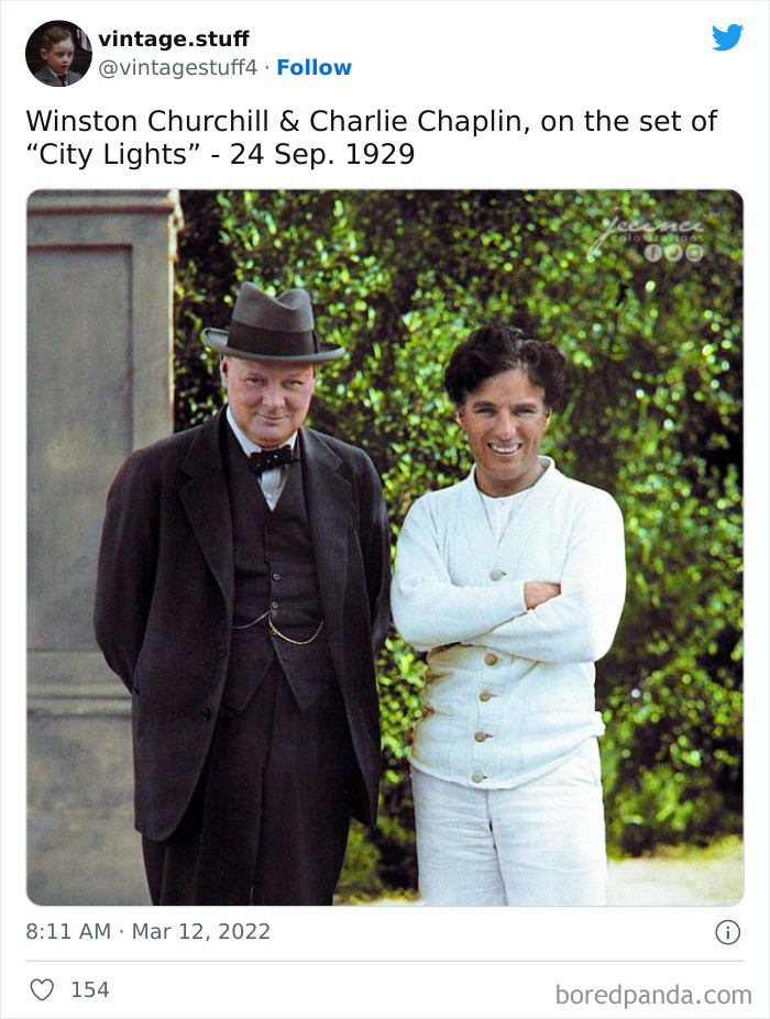 Colorized photo of Winston Churchill and Charlie Chaplin on the set of City Lights showing stunning historical moments.