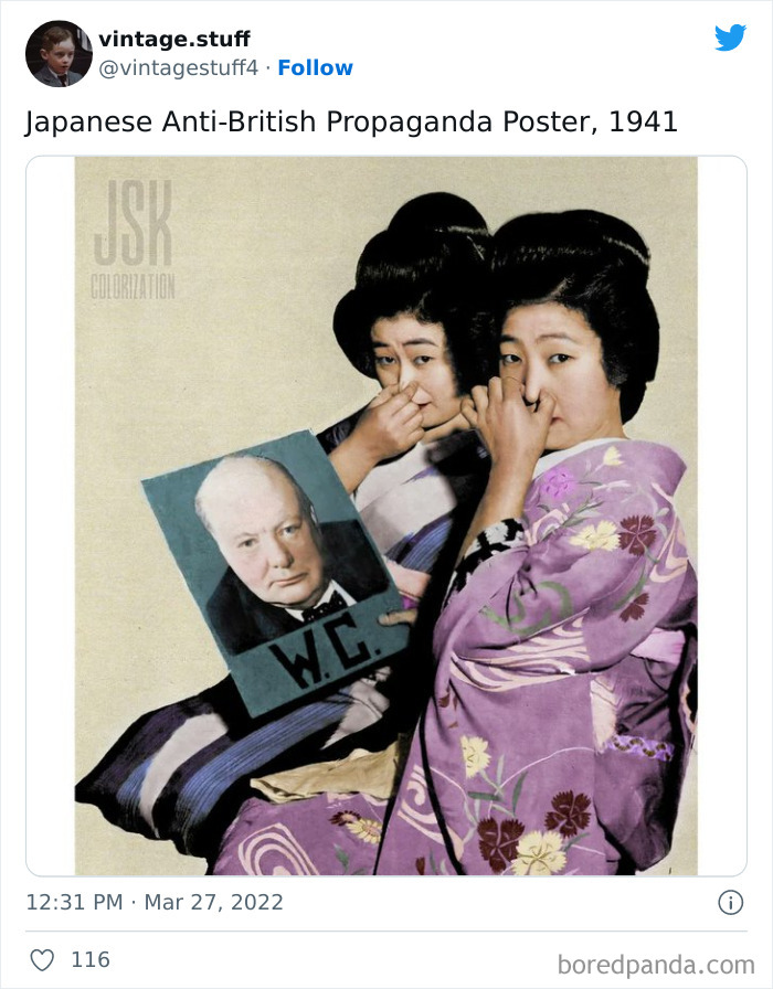 Colorized photo of two Japanese women in kimonos holding an anti-British propaganda poster from 1941.