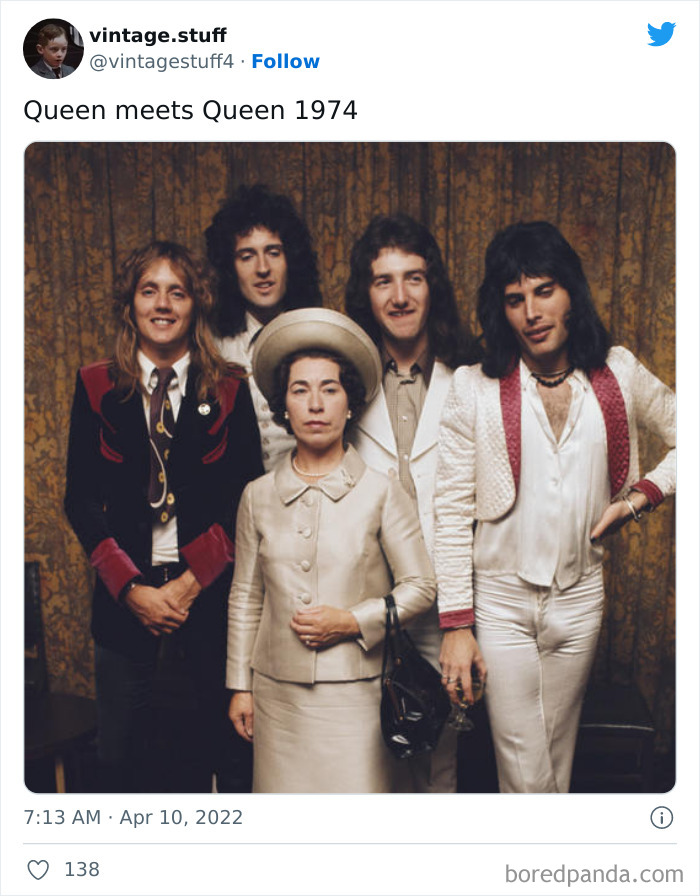 Colorized photo from 1974 showing the band Queen posing with a woman in vintage formal attire.