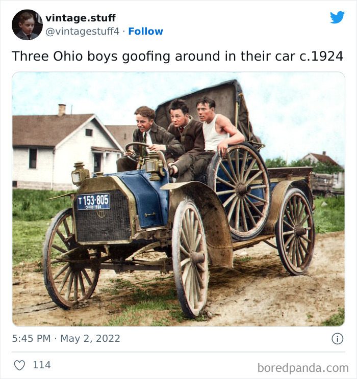 Colorized photo of three boys goofing in a vintage car in Ohio, showcasing stunning historic moments from the early 1900s.