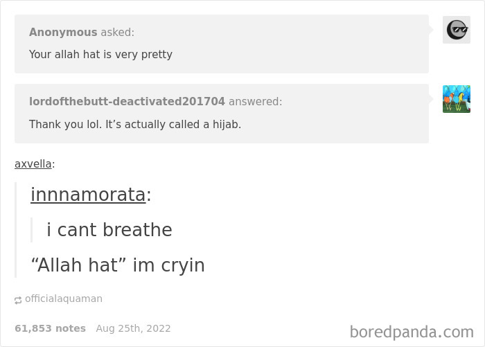 Tumblr exchange with a funny misunderstanding about a hijab called an "Allah hat."