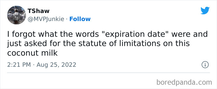 Tweet humorously confusing "expiration date" with "statute of limitations" for coconut milk, showcasing funny alternatives.