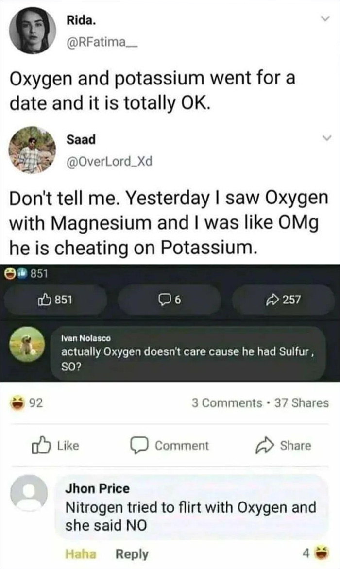 Social media post with funny science jokes and memes about elements Oxygen, Potassium, Magnesium, Nitrogen, and Sulfur.