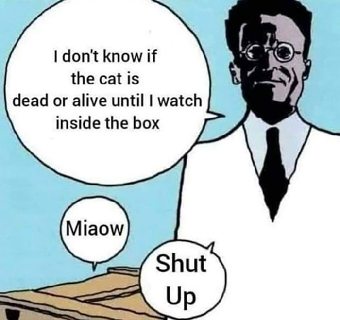 Cartoon scientist joke about Schrödinger's cat with speech bubbles in a funny science memes and jokes context.