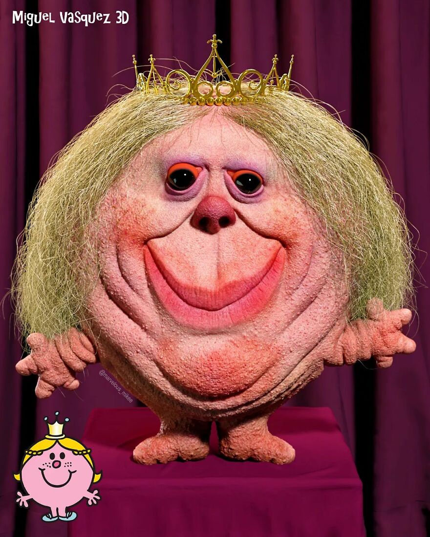 Unsettling digital version of a popular cartoon character with a 3D design, featuring a crown and a textured face.