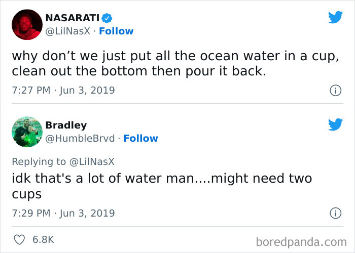 Twitter conversation showing a funny science joke about ocean water cups, fitting science jokes and memes keyword.