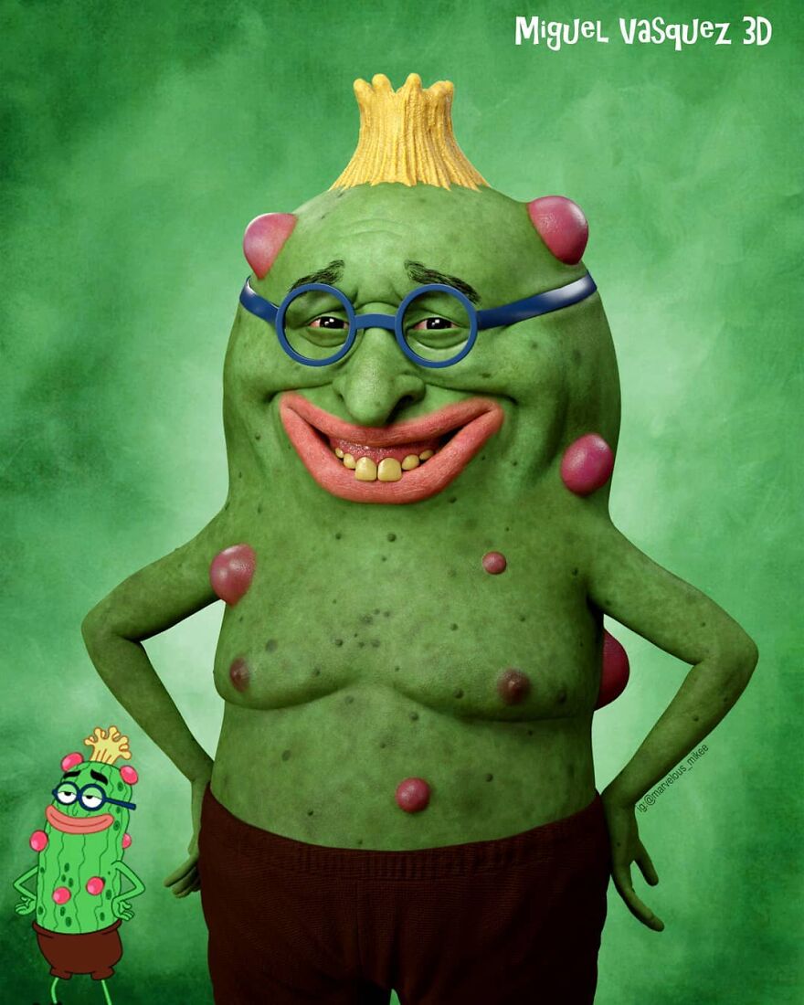 Unsettling digital version of a popular cartoon character with green skin and glasses in front of a green background.