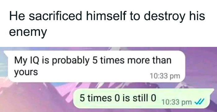 Text meme showing a funny science joke about IQ with a purple and blue background in a chat message format.