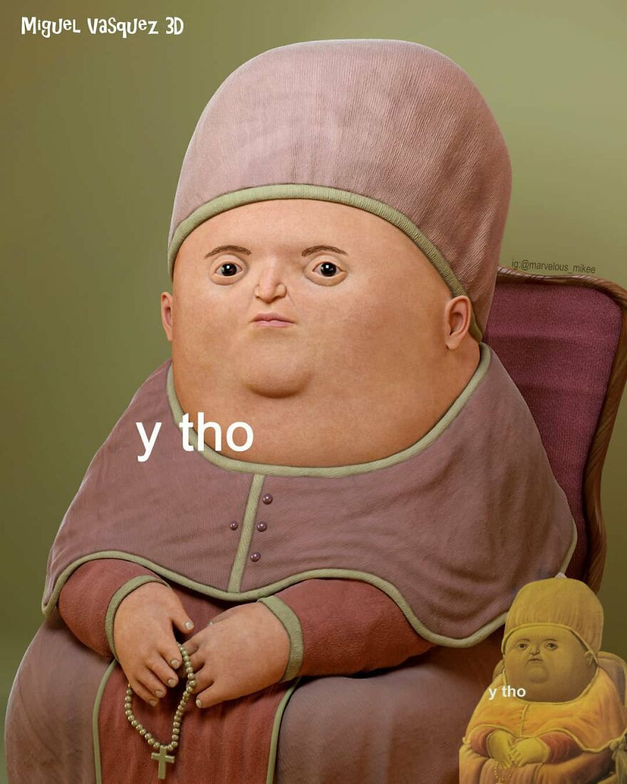Unsettling digital version of a popular meme character in a robe with "y tho" text.